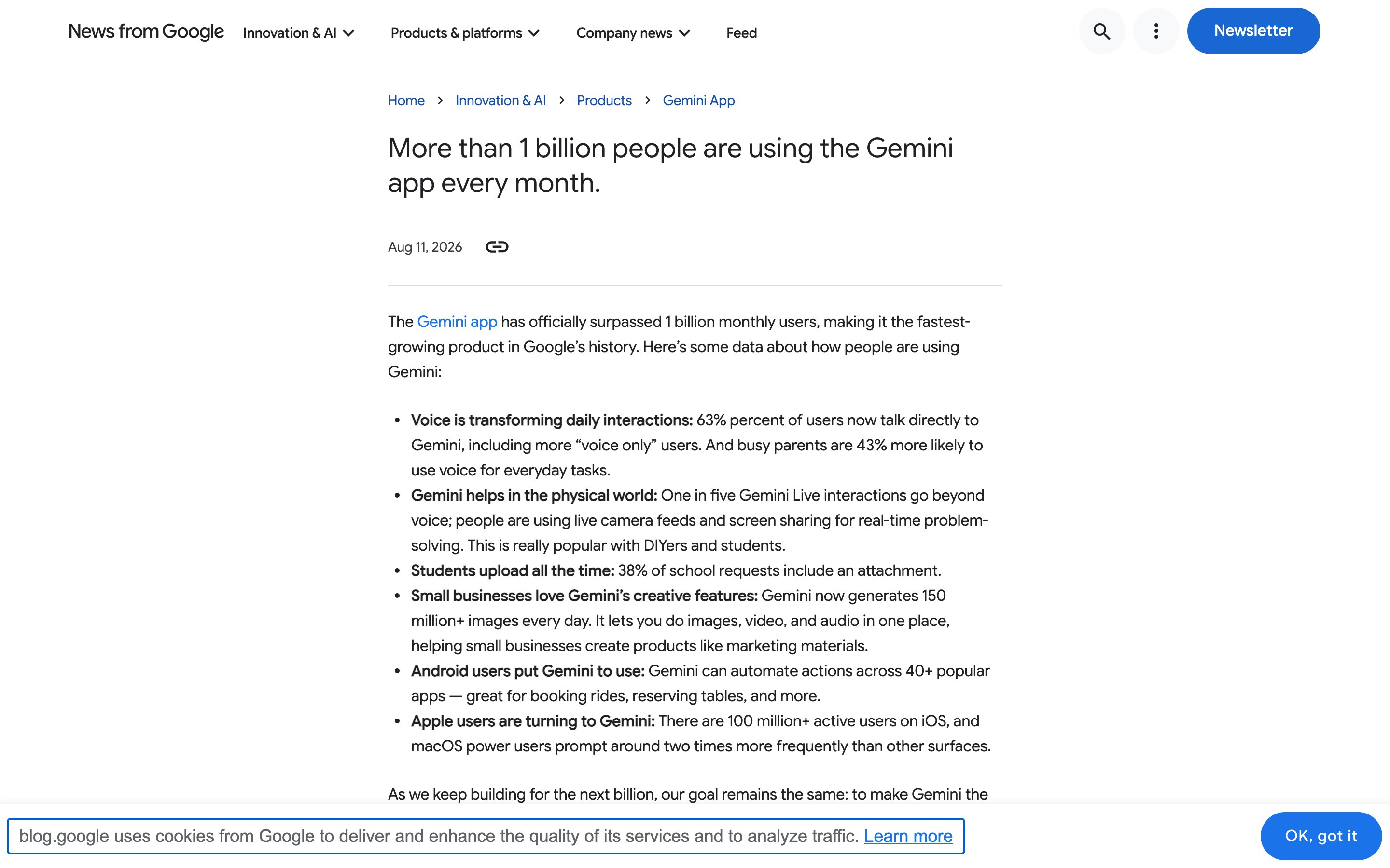 Официальный блог Google с заголовком о том, что приложение Gemini превысило миллиард пользователей в месяц