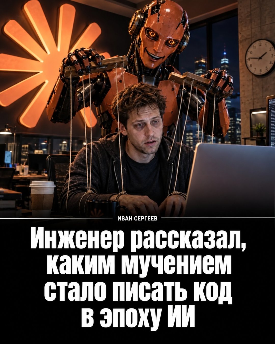 Обложка карусели: робот-кукловод над уставшим инженером и заголовок «Инженер рассказал, каким мучением стало писать код»
