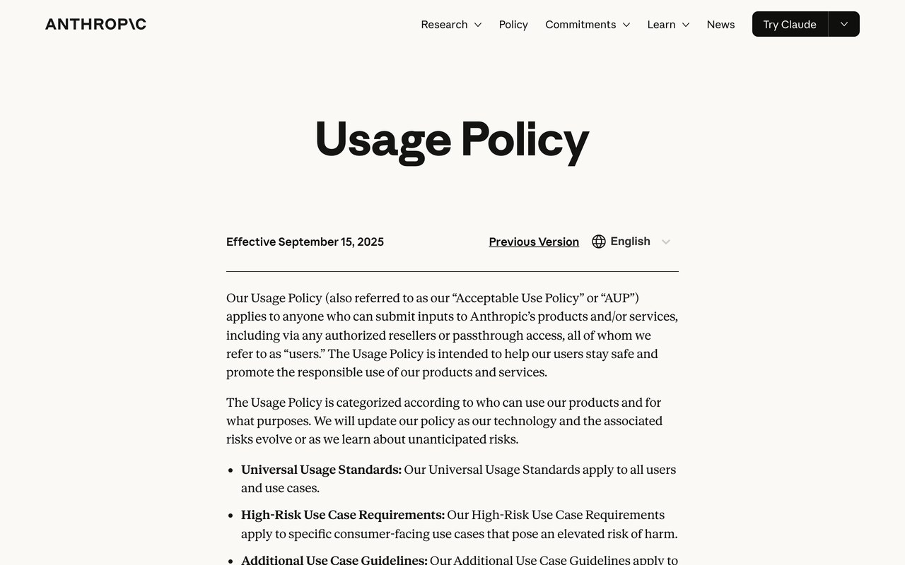 Официальная страница Anthropic Usage Policy с перечнем запрещённых действий