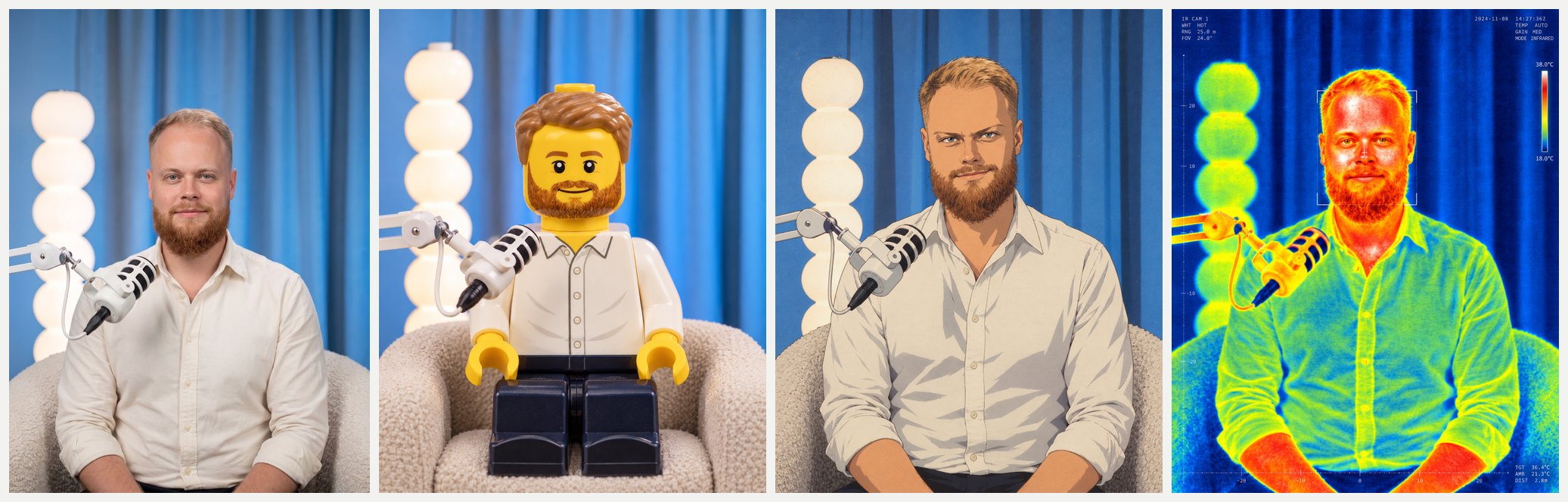 Моё исходное фото и три превращения ChatGPT по запросам: минифигурка LEGO, кадр аниме 90-х и снимок тепловизора