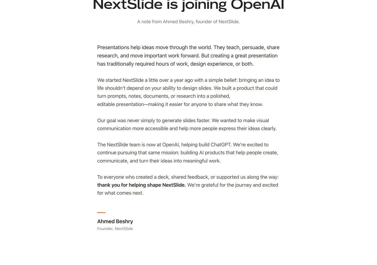 Сайт NextSlide - прощальное письмо основателя о переходе команды в OpenAI
