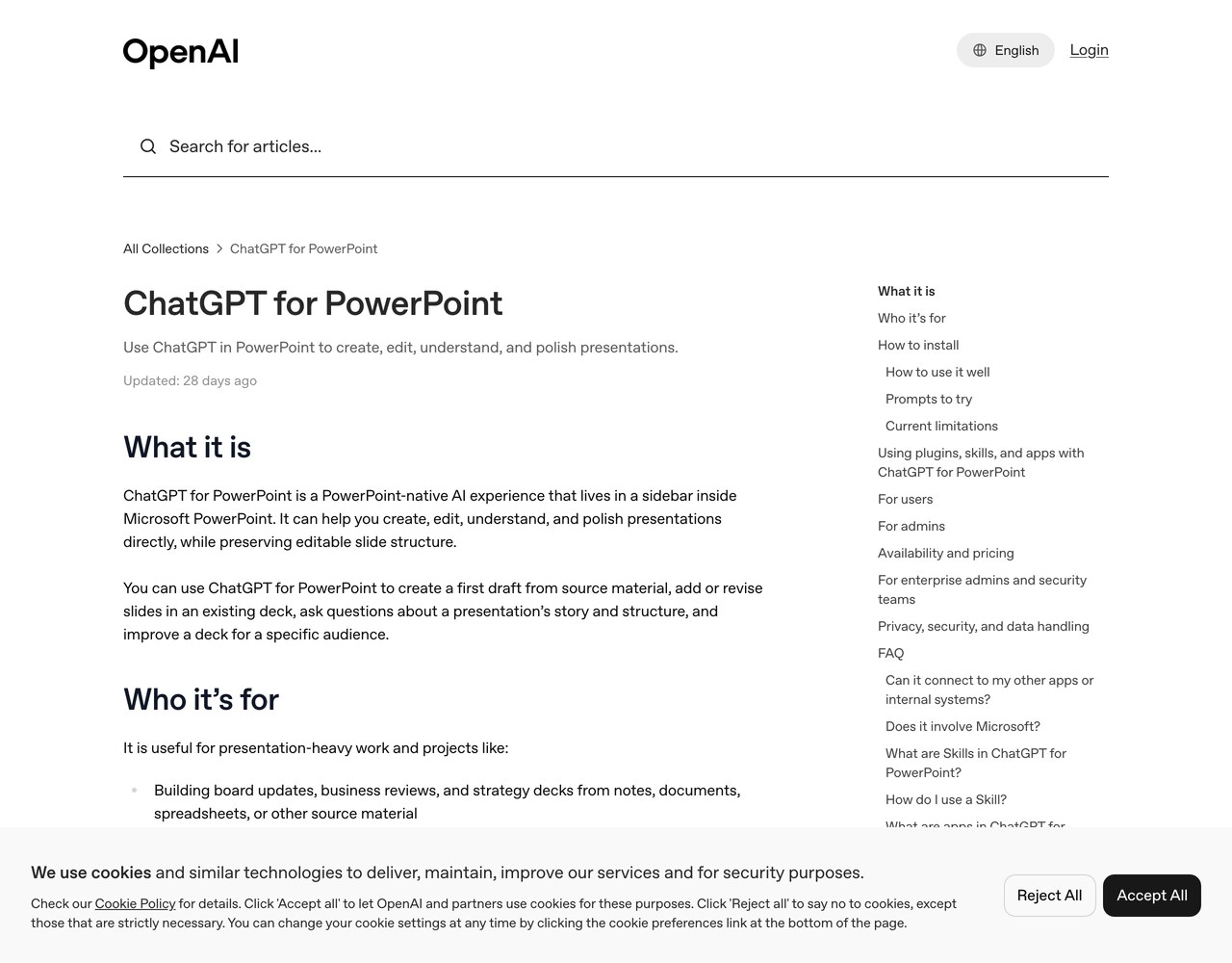 Официальная справка OpenAI про ChatGPT for PowerPoint - что это такое и как установить