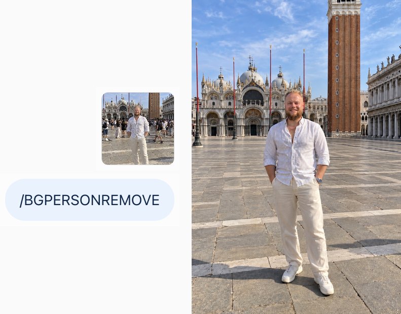 Фото мужчины на людной площади с командой /BGPERSONREMOVE, рядом ответ ChatGPT: та же площадь в Венеции без единого туриста