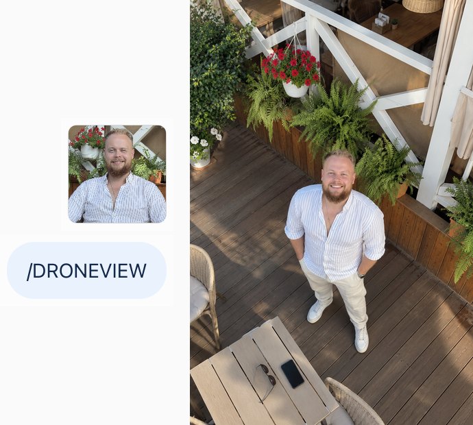 Фото за столиком на террасе и /DRONEVIEW, ответ ChatGPT: та же терраса сверху, мужчина смотрит в камеру