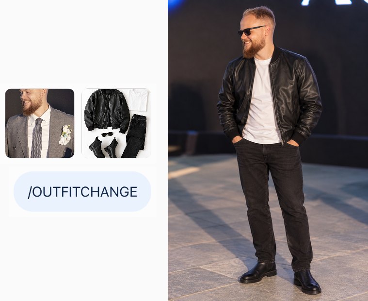 Фото в сером костюме, раскладка одежды и /OUTFITCHANGE, ответ ChatGPT: тот же мужчина в кожаной куртке и джинсах