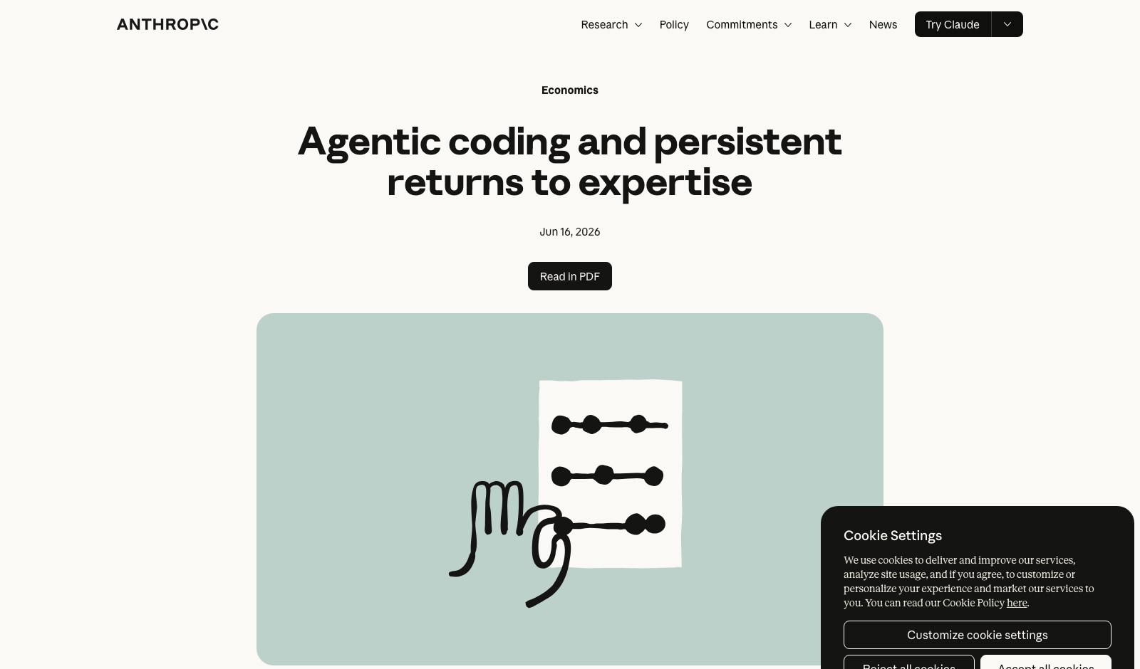 Официальная страница отчёта Anthropic «Agentic coding and persistent returns to expertise» с датой публикации 16 июня 2026