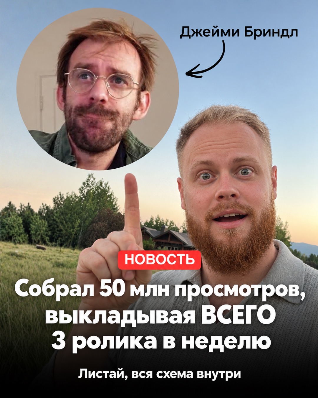 Обложка карусели: кружок с Джейми Бриндлом, мужчина с рыжей бородой показывает пальцем вверх, заголовок про 3 ролика в неделю