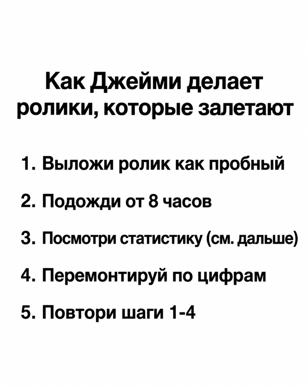 Слайд карусели «Как Джейми делает ролики, которые залетают»: пять шагов от пробной публикации до повтора