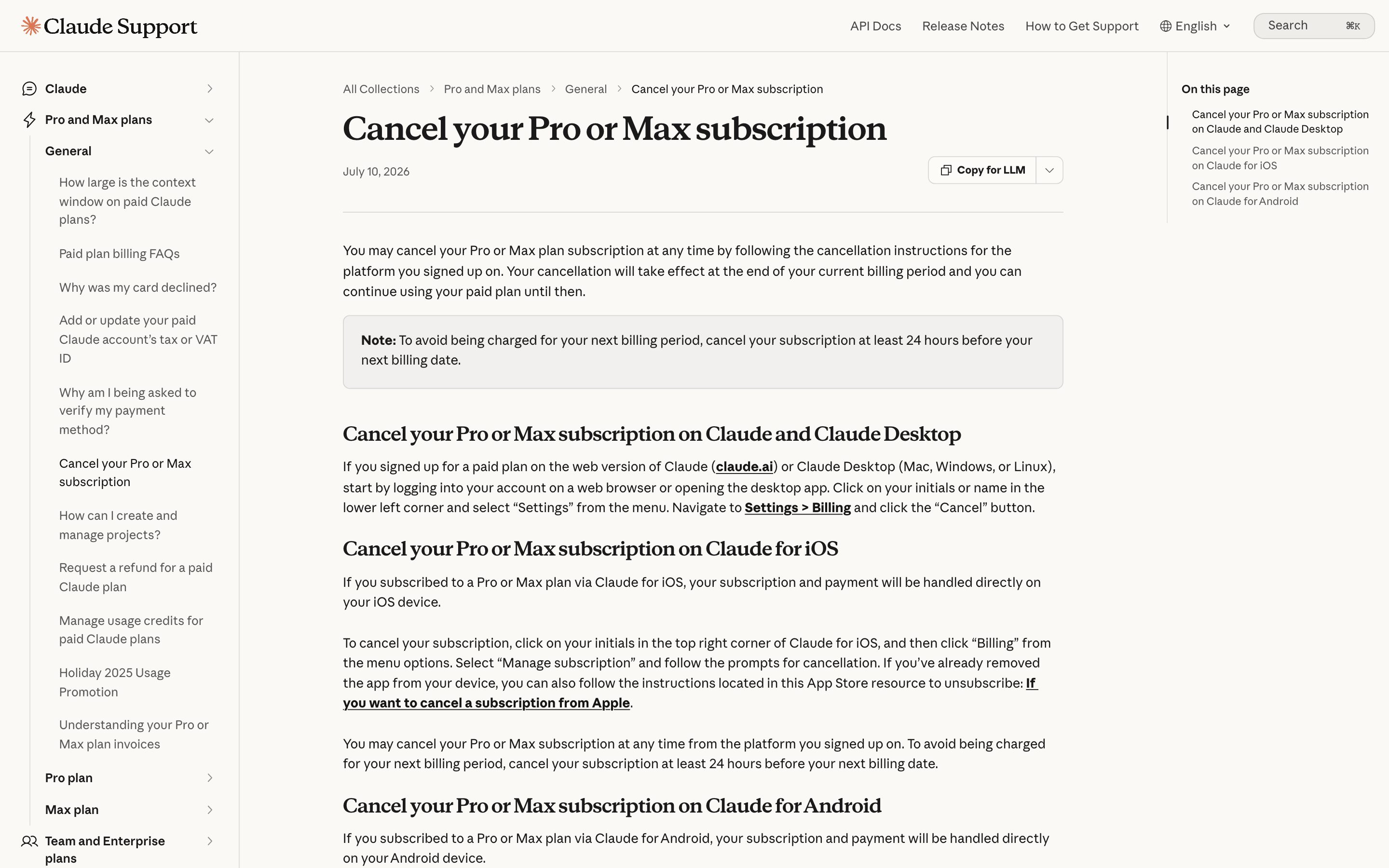 Официальная справка Claude: страница отмены подписки Pro или Max с правилом 24 часов до следующего списания
