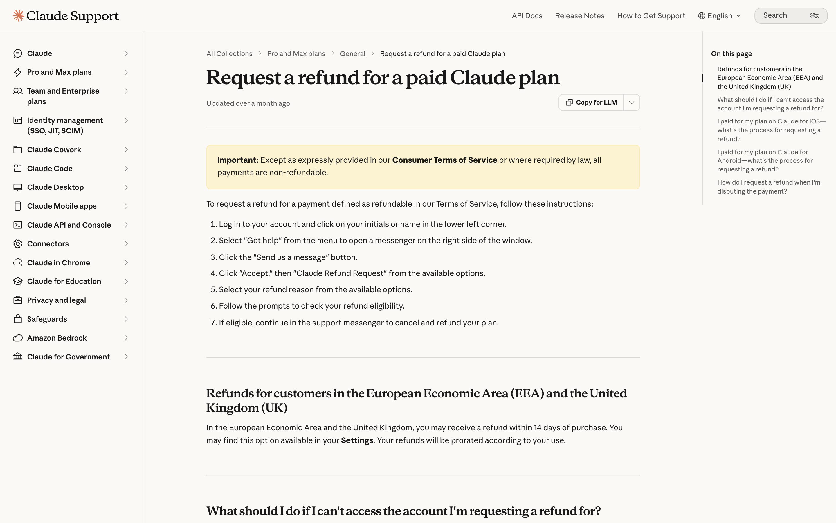 Официальная справка Claude: правило о невозвратности платежей и исключение для ЕЭЗ и Великобритании