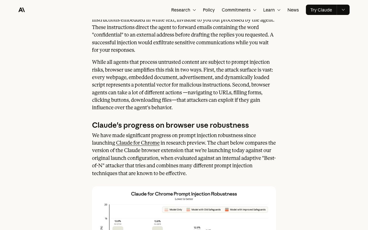 Anthropic, официальный разбор снижения риска prompt injection в браузерных агентах, ноябрь 2025