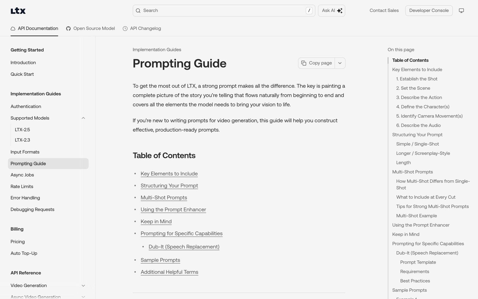 Официальное руководство LTX Prompting Guide в открытой документации с оглавлением разделов