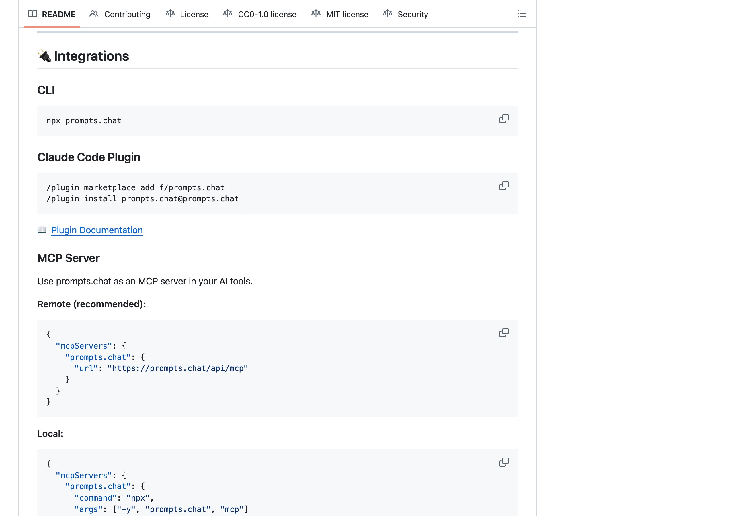 Страница проекта prompts.chat: оба блока настроек подключения и команды установки набора для Claude Code