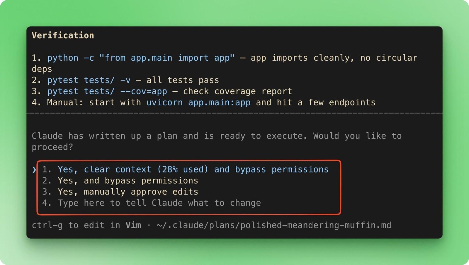 Окно Claude Code: список проверок плана и вопрос, продолжать ли работу, с четырьмя вариантами ответа