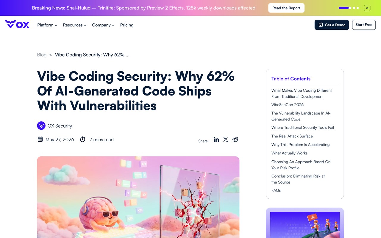 Отчёт OX Security про безопасность кода от ИИ с цифрой 62%, снят живьём 03.09.2026
