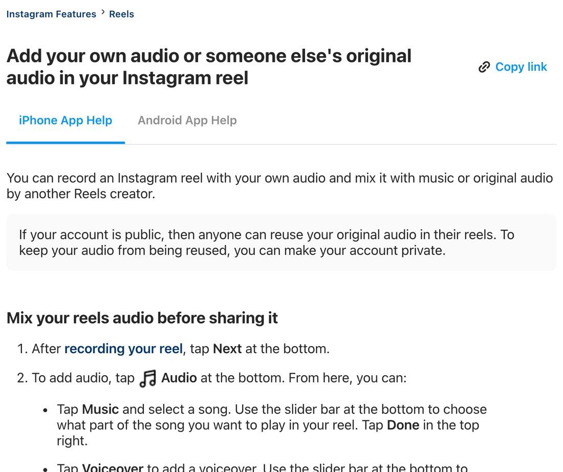 Справка Instagram: после записи нажми Audio, дальше Music, Voiceover или Sound Effects, выбери отрезок и нажми Done