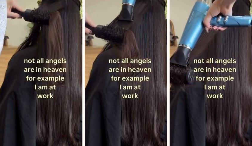 Три кадра ролика-примера: мастер сушит волосы феном, поверх кадра подпись not all angels are in heaven