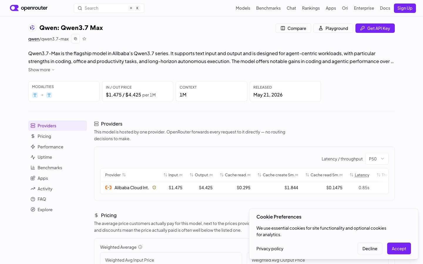 Полная карточка модели Qwen3.7 Max на OpenRouter: цена, контекст, дата релиза, единственный провайдер Alibaba Cloud