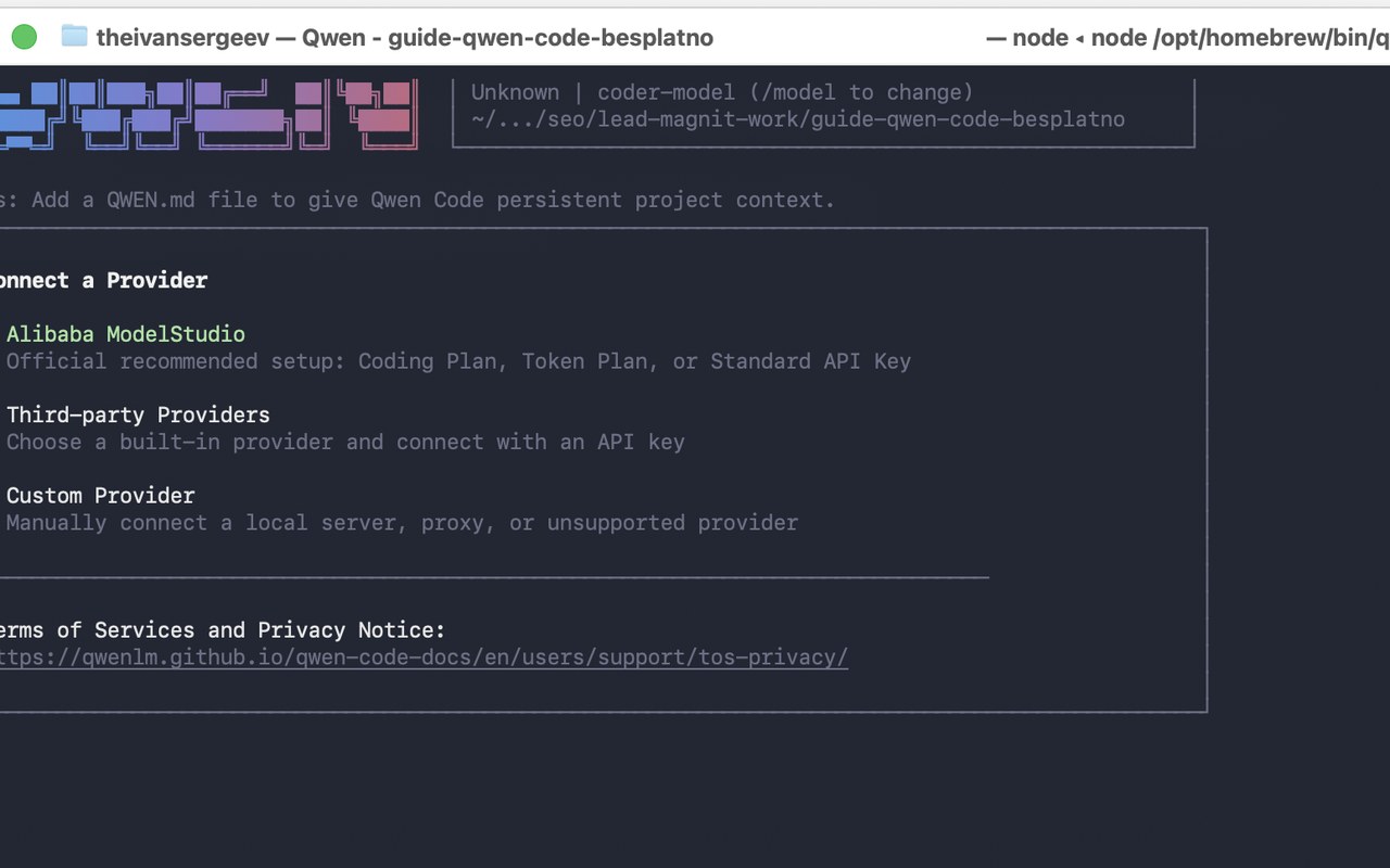 Меню выбора способа входа в окне программы Qwen Code с тремя пунктами входа без варианта Qwen OAuth