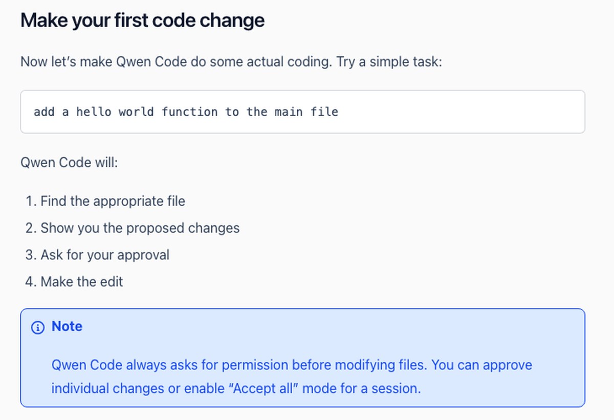 Официальное описание порядка работы Qwen Code с файлом из четырёх шагов и обещание всегда спрашивать разрешение