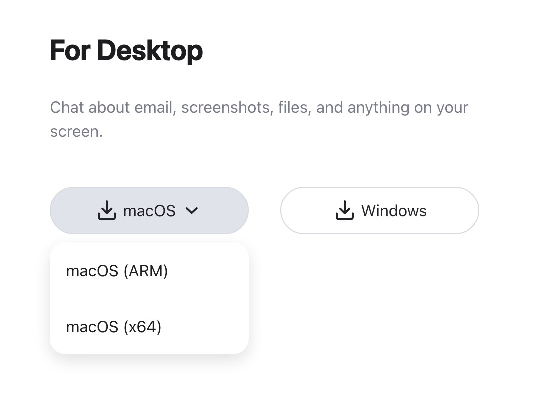Выпадающий список кнопки macOS на qwen.ai/download: пункты macOS (ARM) и macOS (x64)