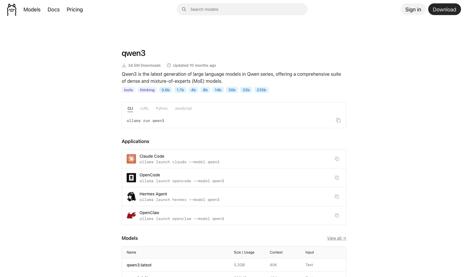 Официальная страница ollama.com/library/qwen3 со списком размеров модели и командой ollama run qwen3