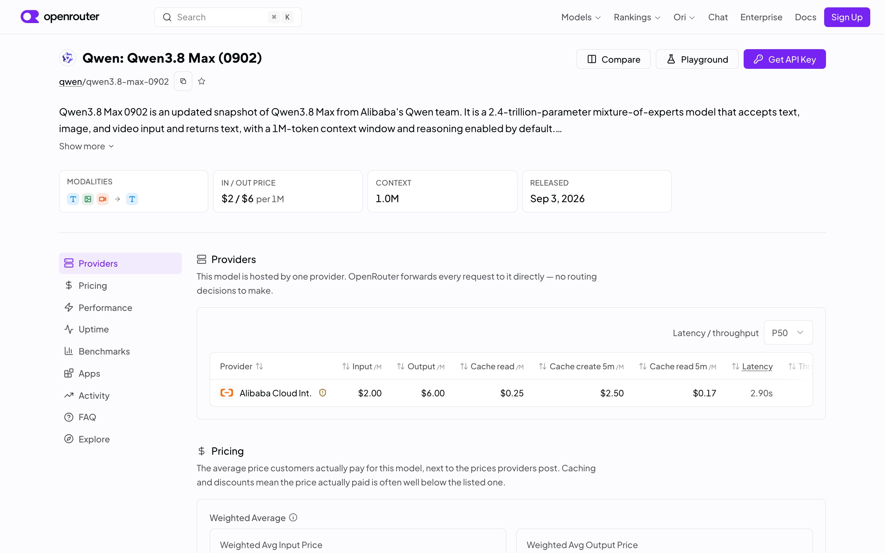 Карточка Qwen3.8 Max в каталоге OpenRouter: цена 2 и 6 долларов за миллион токенов, контекст миллион