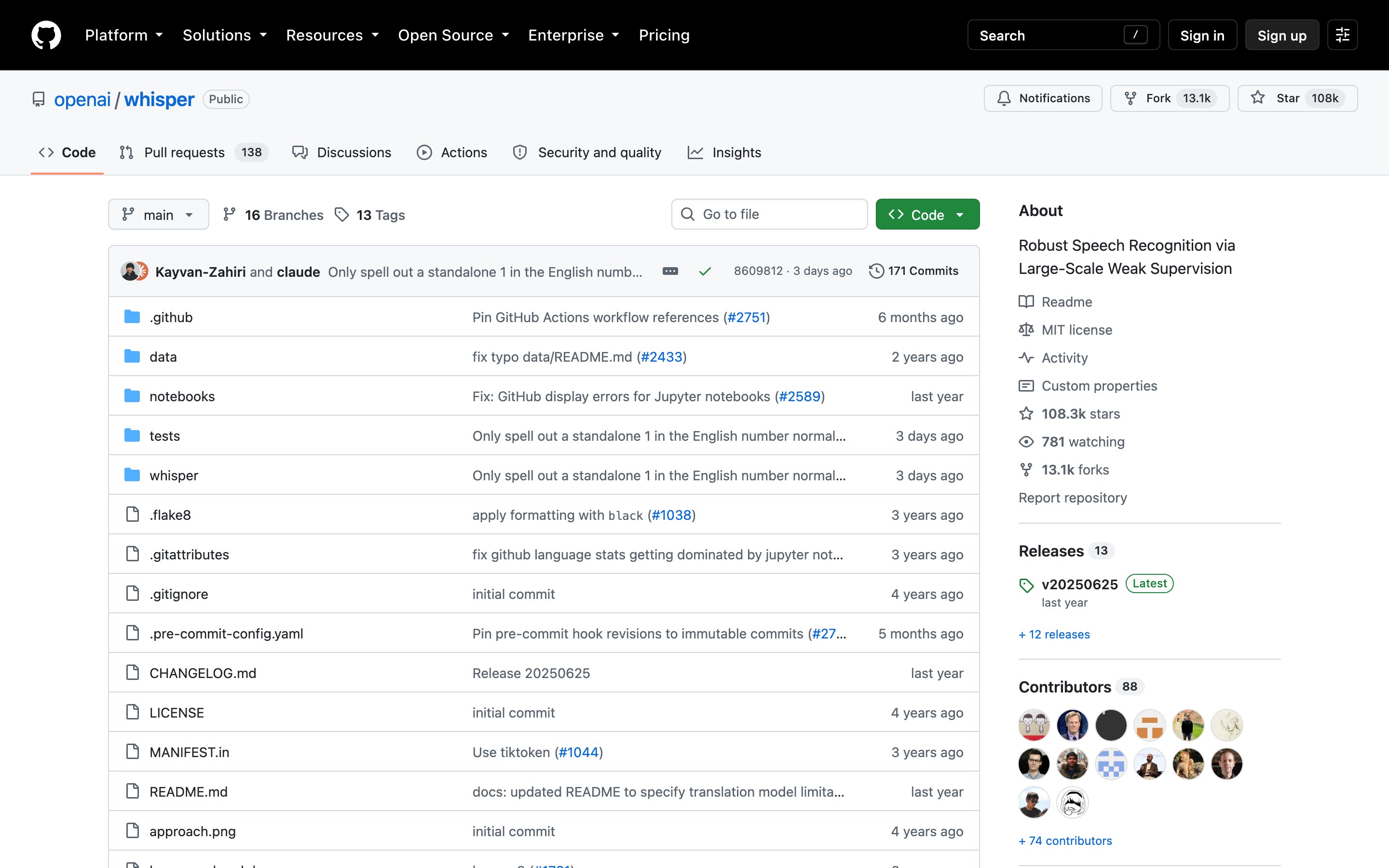 Официальная страница GitHub Whisper: открытая модель распознавания речи под лицензией MIT