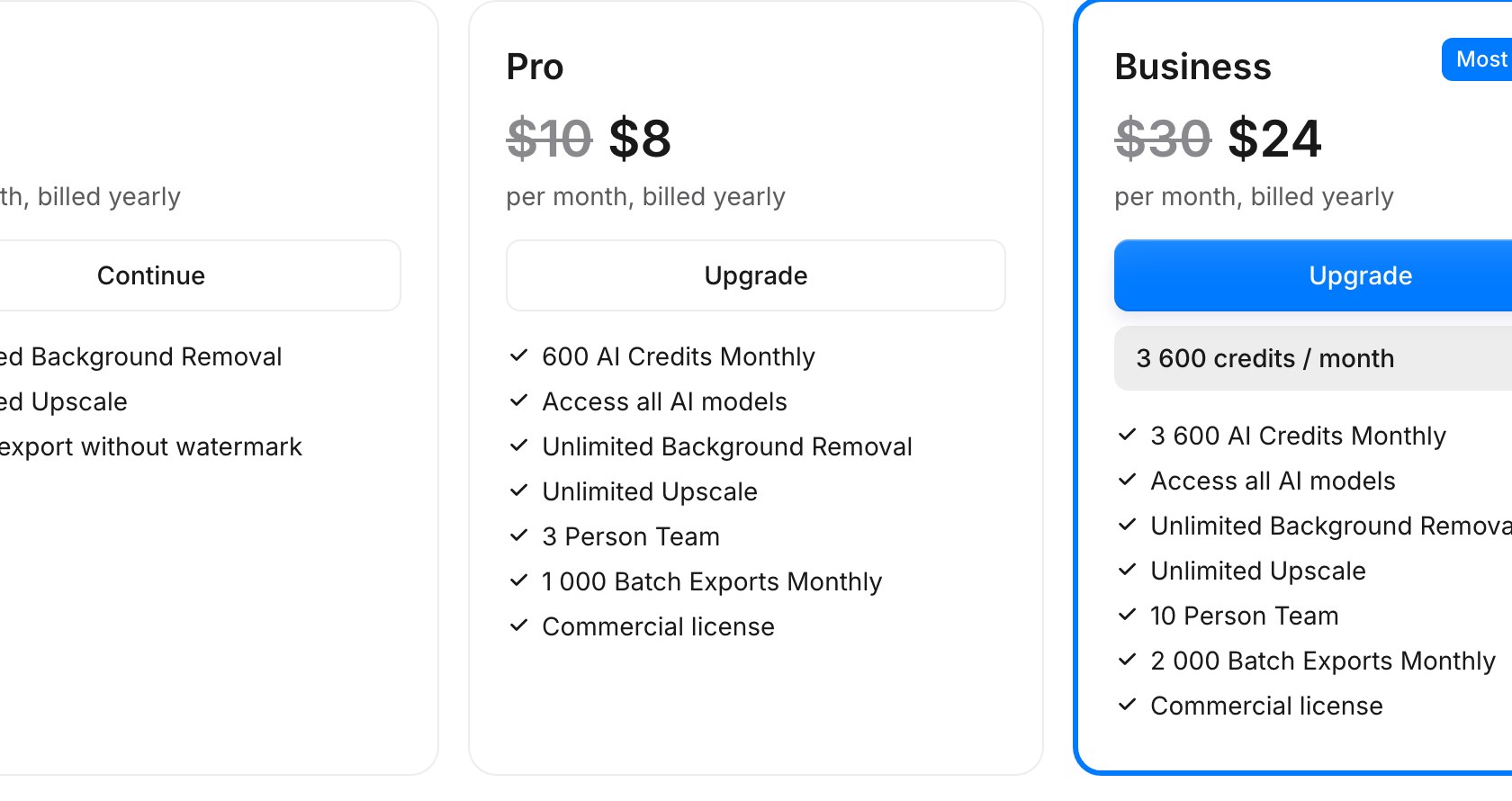 Тарифы Pixelcut: Pro 8 долларов в месяц и Business 24 доллара в месяц при оплате за год, список функций