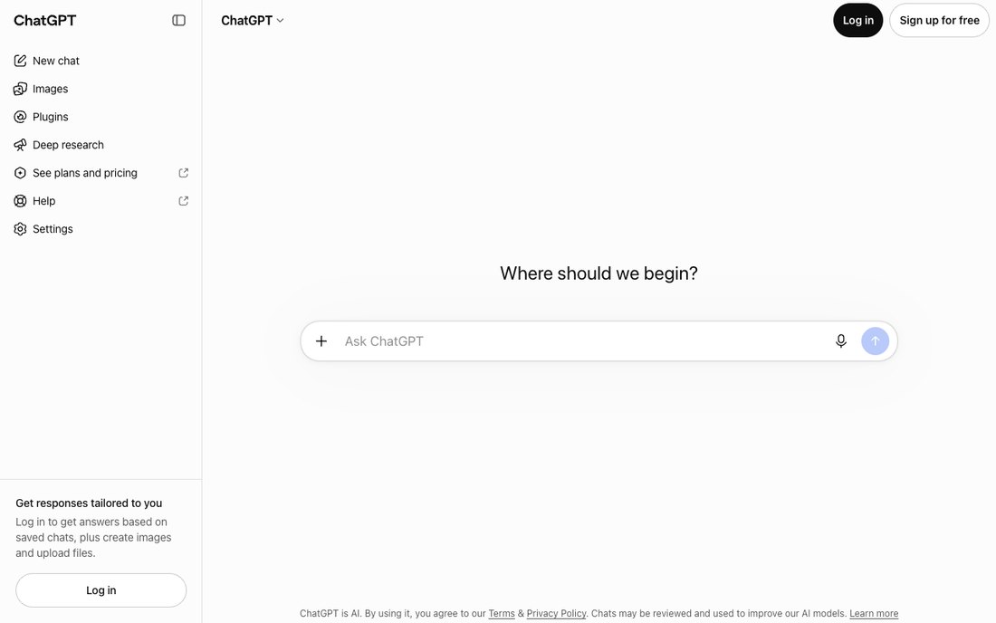 Окно чата на chatgpt.com без входа: поле «Ask ChatGPT» с плюсом слева и подпись про загрузку файлов после входа