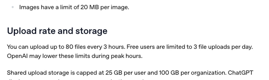 Справка OpenAI «Uploading files and audio to ChatGPT»: раздел Upload rate and storage, лимиты загрузки файлов