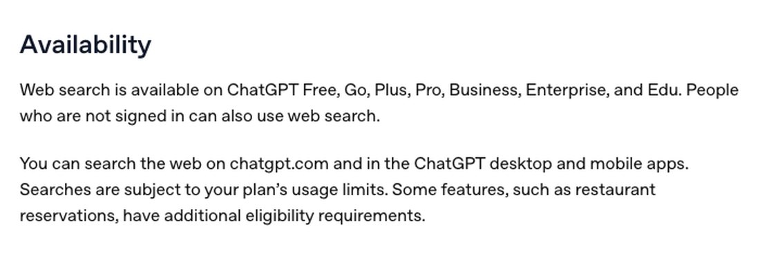Справка OpenAI «Searching the web with ChatGPT»: раздел Availability, поиск в интернете доступен в ChatGPT Free и без входа
