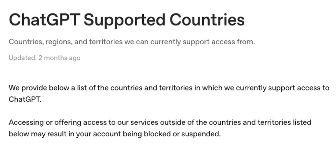 Справка OpenAI «ChatGPT Supported Countries»: предупреждение о блокировке аккаунта при доступе вне списка стран