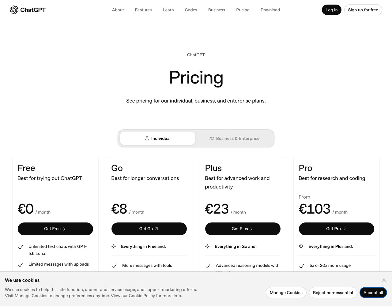 Официальная страница тарифов ChatGPT: карточки Free, Go и Plus, на Free и Go OpenAI показывает рекламу
