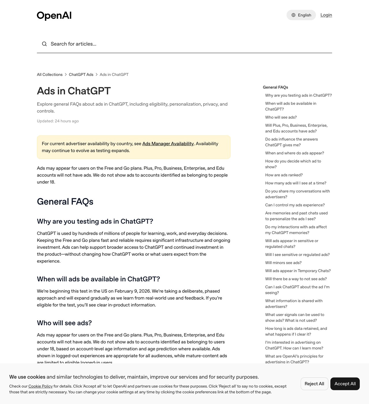 Официальная справка OpenAI, раздел «Who will see ads?»: реклама может появляться на Free и Go, на Plus и выше её не будет