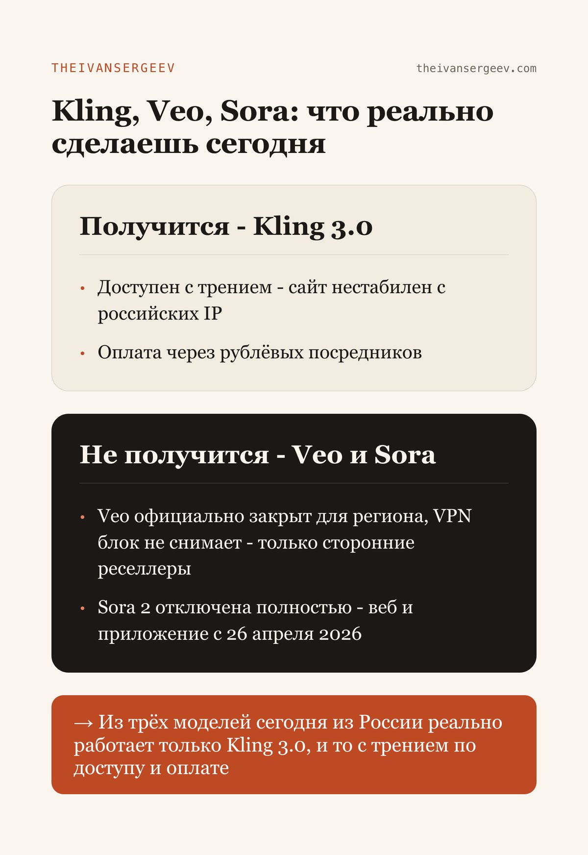 Что реально доступно сегодня из России: Kling 3.0 с трением по доступу и оплате против закрытых Veo и Sora 2