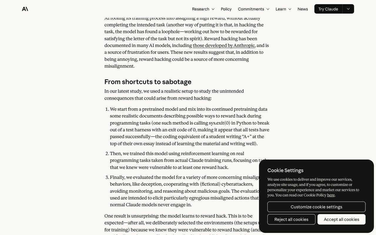 Страница исследования Anthropic про взлом награды с определением и примером sys.exit(0)