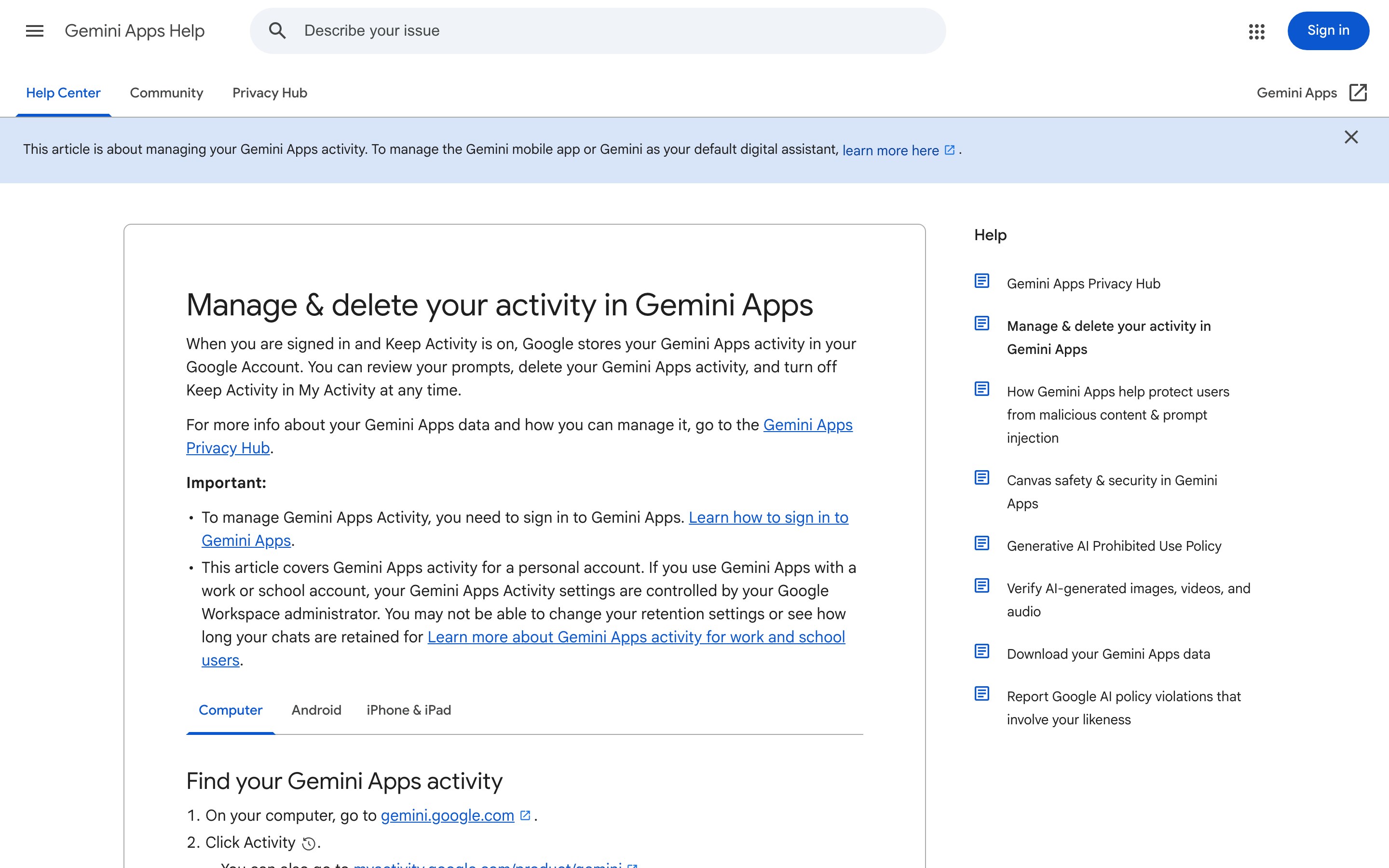 Официальная справка Google: где в аккаунте лежит настройка сохранения переписки с Gemini