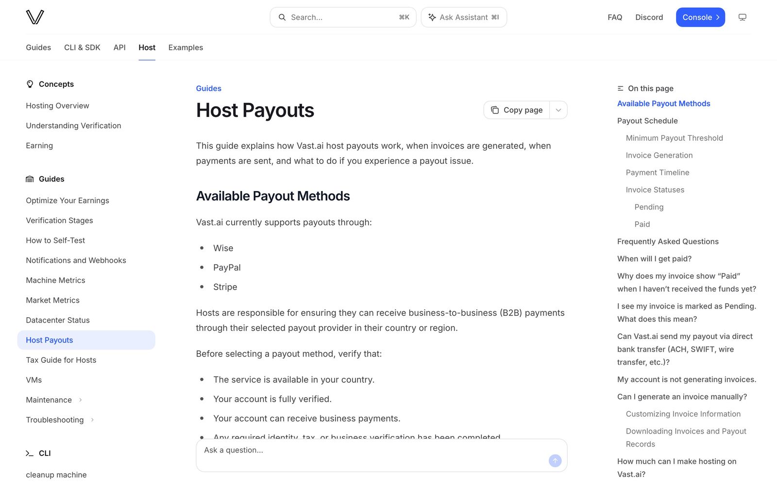 Официальная страница Host Payouts биржи vast.ai со списком способов выплат Wise, PayPal и Stripe