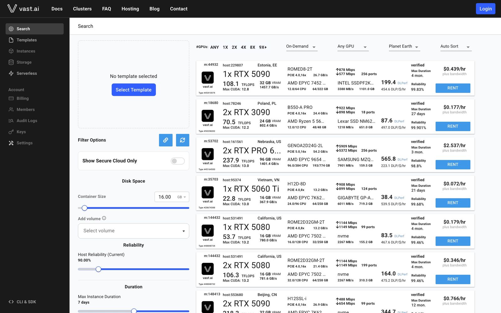 Публичная витрина биржи vast.ai с карточками предложений видеокарт и ценой в час