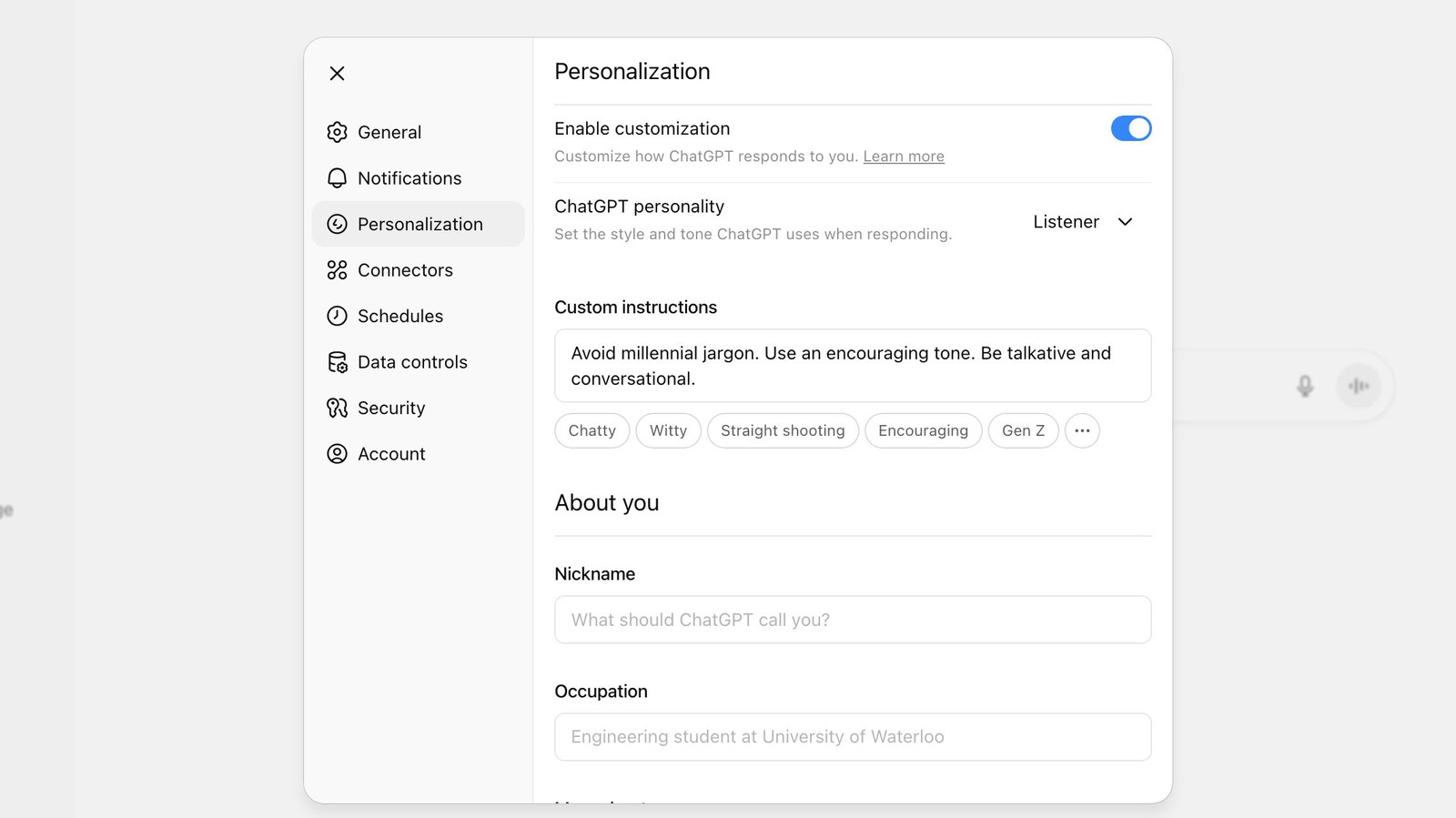 Настройки ChatGPT: раздел Personalization с тумблером Enable customization и заполненным полем Custom instructions