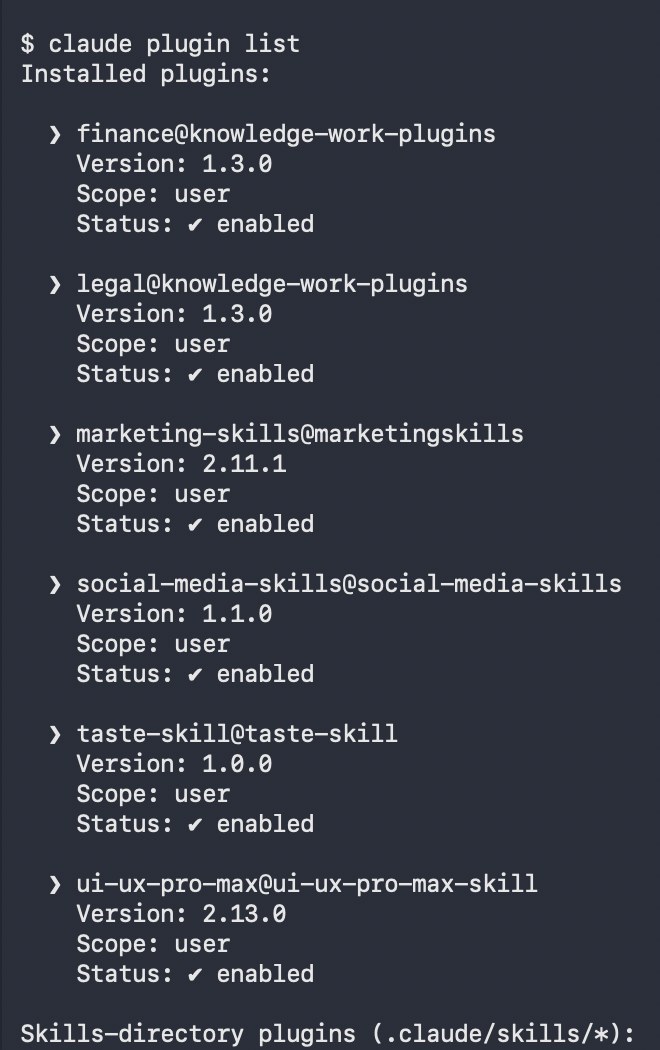 Вывод команды claude plugin list: пять установленных отделов со статусом enabled