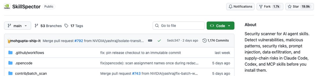 Репозиторий SkillSpector на GitHub: кнопка Code, список папок и раздел About с описанием Security scanner for AI agent skills