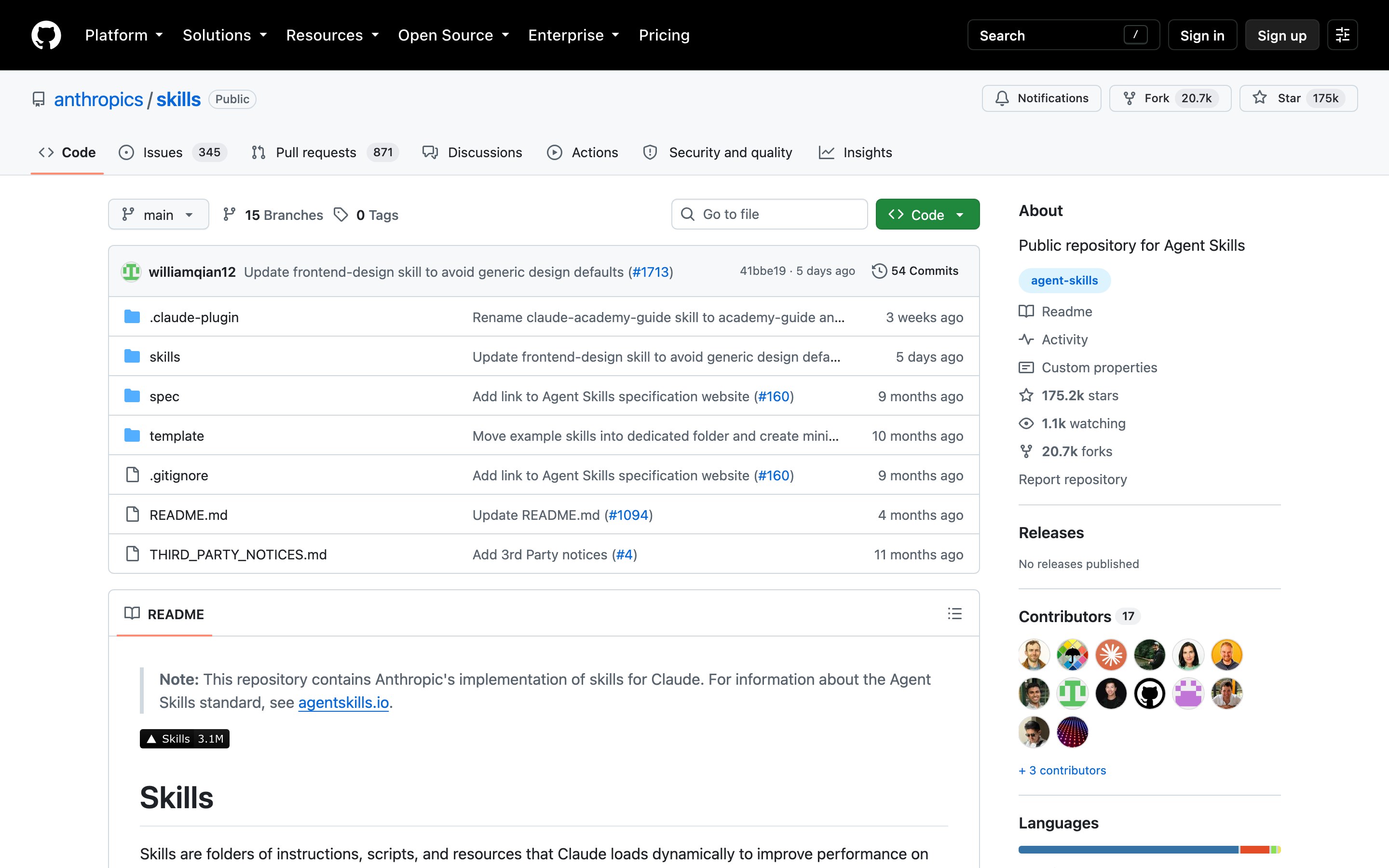 Публичный каталог скиллов anthropics/skills на GitHub - папка skills и справка о репозитории