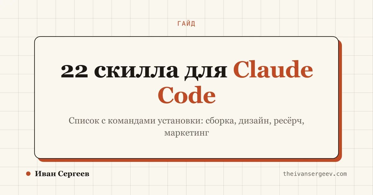 Тёмная превью-плитка обзора 22 скиллов для Claude Code