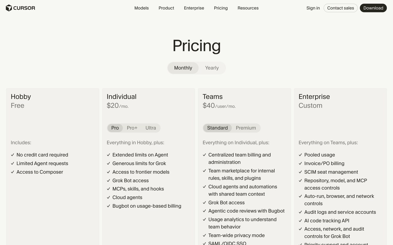 Официальная страница цен Cursor: тариф Individual Pro за 20 долларов в месяц