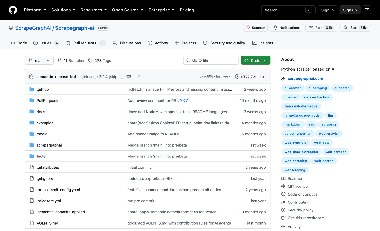 Страница библиотеки ScrapeGraphAI на GitHub со счётчиком звёзд и отметкой лицензии MIT