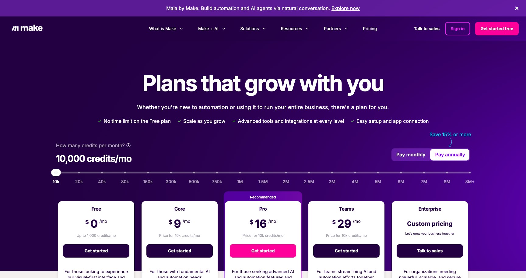 Пять карточек Make: Free 0 долларов, Core 9, Pro 16, Teams 29 долларов в месяц