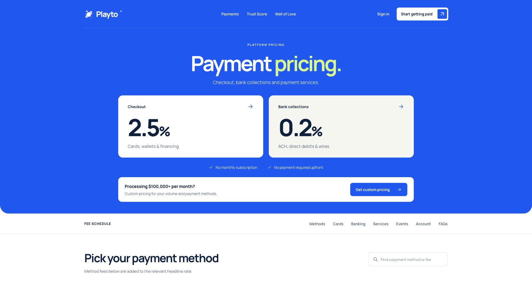 Две карточки Playto: Checkout 2.5 процента, Bank collections 0.2 процента, без ежемесячной подписки