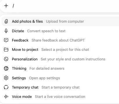 Поле ввода ChatGPT с символом слеш и меню под ним: Add photos & files, Dictate, Thinking, Temporary chat и другие